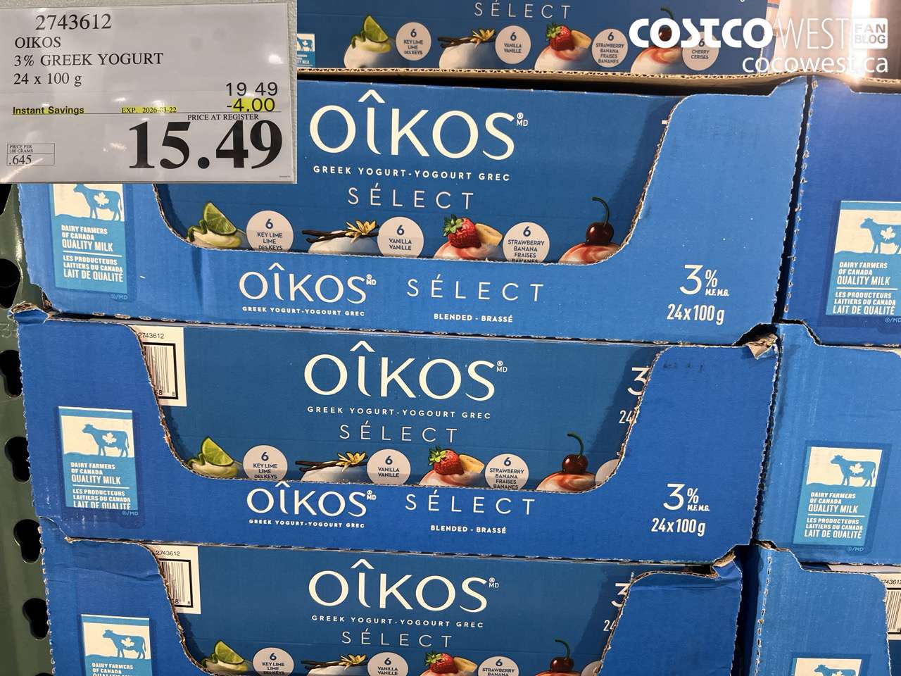2743612 OIKOS 3% GREEK YOGURT 24 X 100 G ($4.00 INSTANT SAVINGS EXPIRES ON 2026-03-22) $15.49