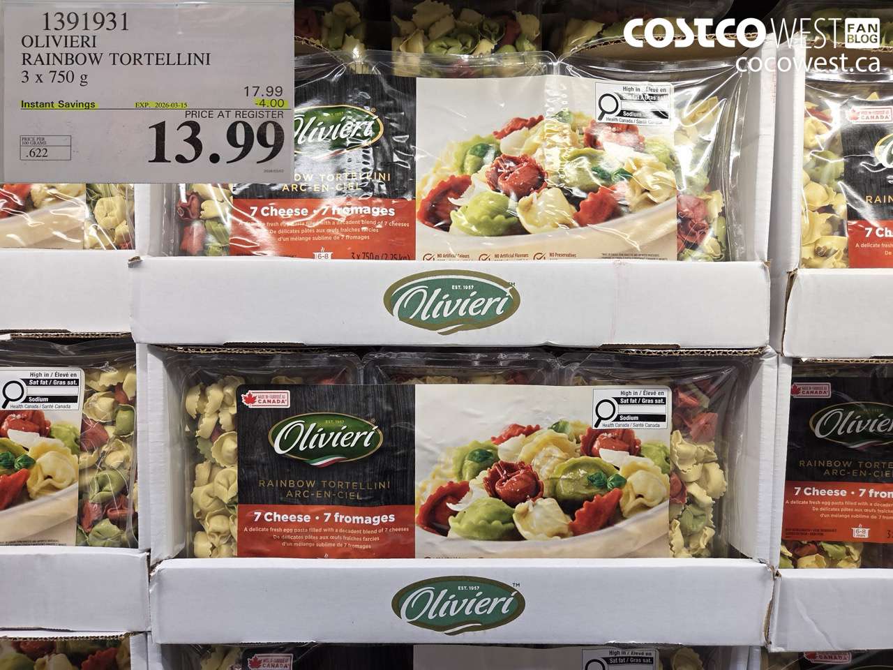 1391931 OLIVIERI RAINBOW TORTELLINI 3 X 750 G ($4.00 INSTANT SAVINGS EXPIRES ON 2026-03-15) $13.99