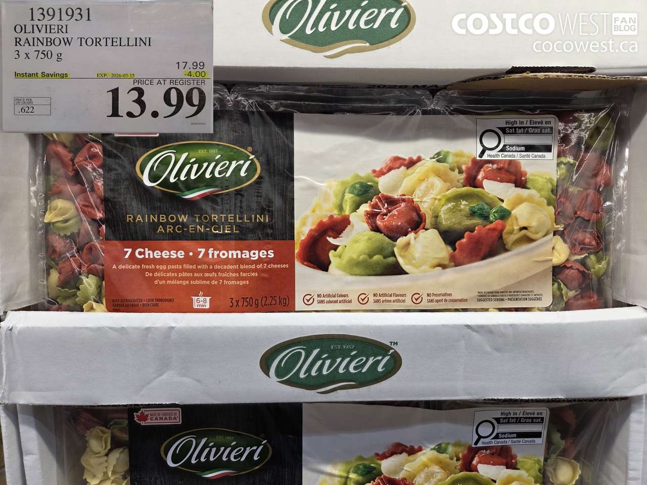 1391931 OLIVIERI RAINBOW TORTELLINI 3 X 750 G ($4.00 INSTANT SAVINGS EXPIRES ON 2026-03-15) $13.99