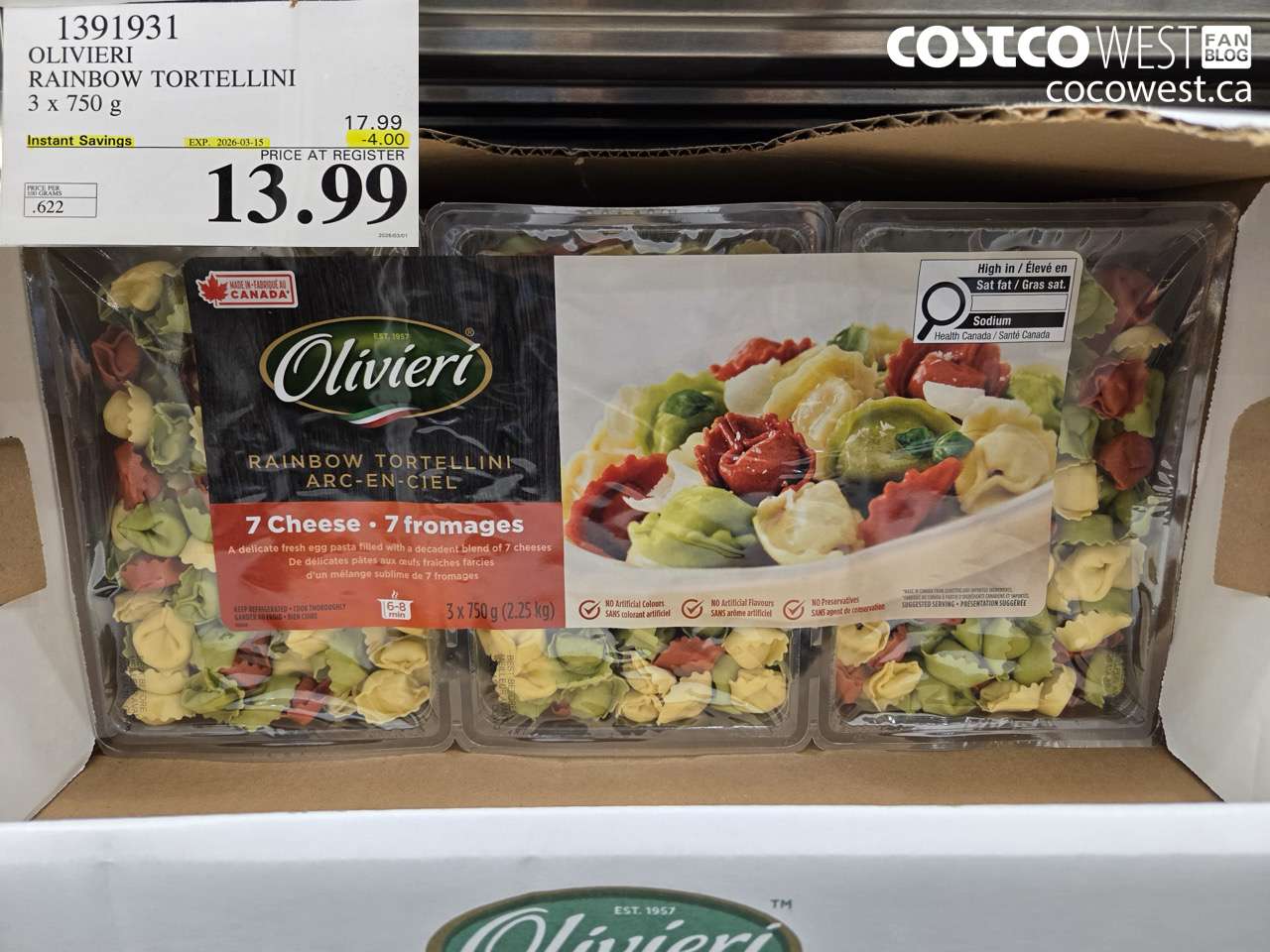 1391931 OLIVIERI RAINBOW TORTELLINI 3 X 750 G ($4.00 INSTANT SAVINGS EXPIRES ON 2026-03-15) $13.99