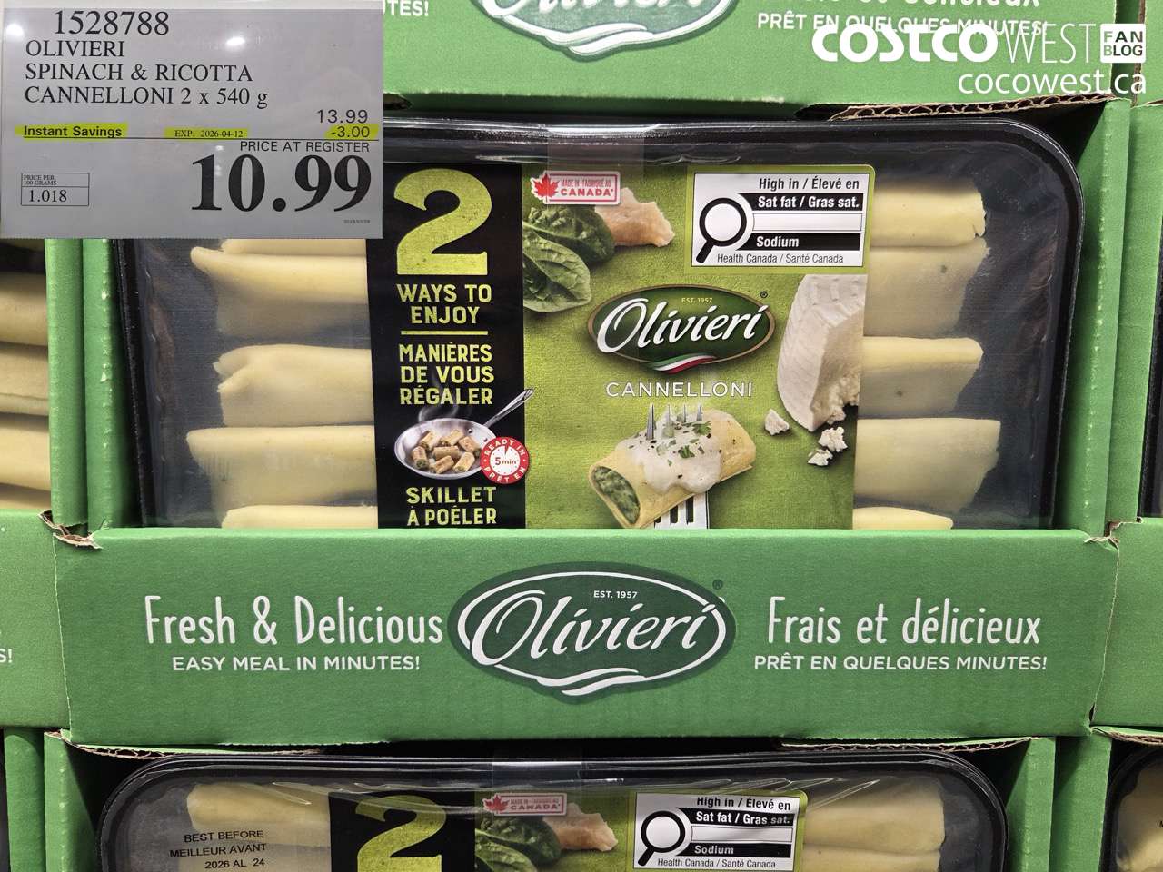 1528788 OLIVIERI SPINACH & RICOTTA CANNELLONI 2 X 540 G ($3.00 INSTANT SAVINGS EXPIRES ON 2026-04-12) $10.99