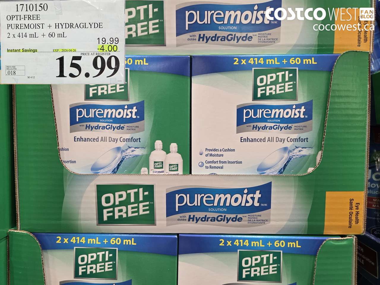 1710150 OPTI-FREE PUREMOIST + HYDRAGLYDE 2 X 414ML + 60ML ($4.00 INSTANT SAVINGS EXPIRES ON 2026-04-26) $15.99