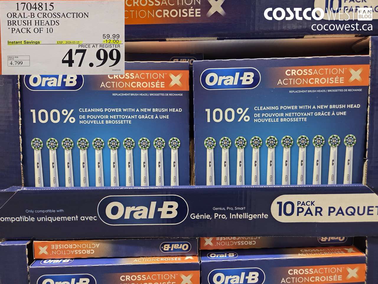 1704815 ORAL-B CROSSACTION BRUSH HEADS PACK OF 10 ($12.00 INSTANT SAVINGS EXPIRES ON 2026-03-15) $47.99