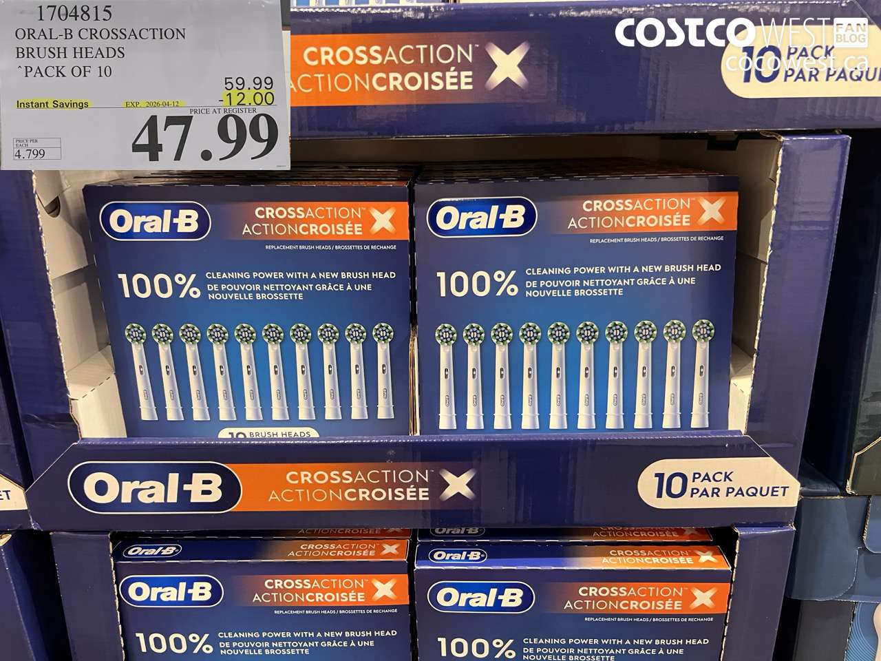 1704815 ORAL-B CROSSACTION BRUSH HEADS PACK OF 10 ($12.00 INSTANT SAVINGS EXPIRES ON 2026-04-12) $47.99