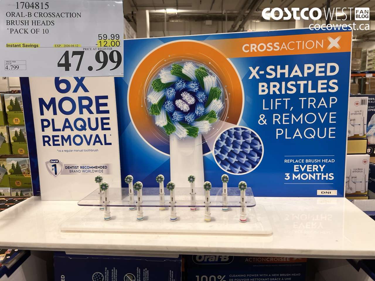 1704815 ORAL-B CROSSACTION BRUSH HEADS PACK OF 10 ($12.00 INSTANT SAVINGS EXPIRES ON 2026-04-12) $47.99