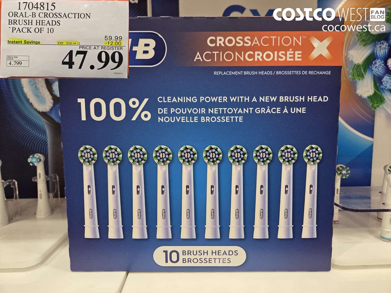 1704815 ORAL-B CROSSACTION BRUSH HEADS PACK OF 10 ($12.00 INSTANT SAVINGS EXPIRES ON 2026-04-12) $47.99