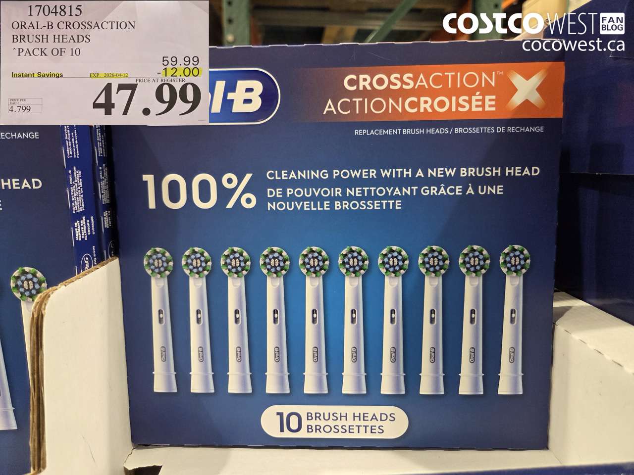 1704815 ORAL-B CROSSACTION BRUSH HEADS PACK OF 10 ($12.00 INSTANT SAVINGS EXPIRES ON 2026-04-12) $47.99