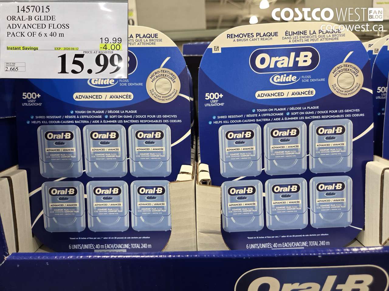 1457015 ORAL-B GLIDE ADVANCED FLOSS PACK OF 6 x 40 m ($4.00 INSTANT SAVINGS EXPIRES ON 2026-04-12) $15.99