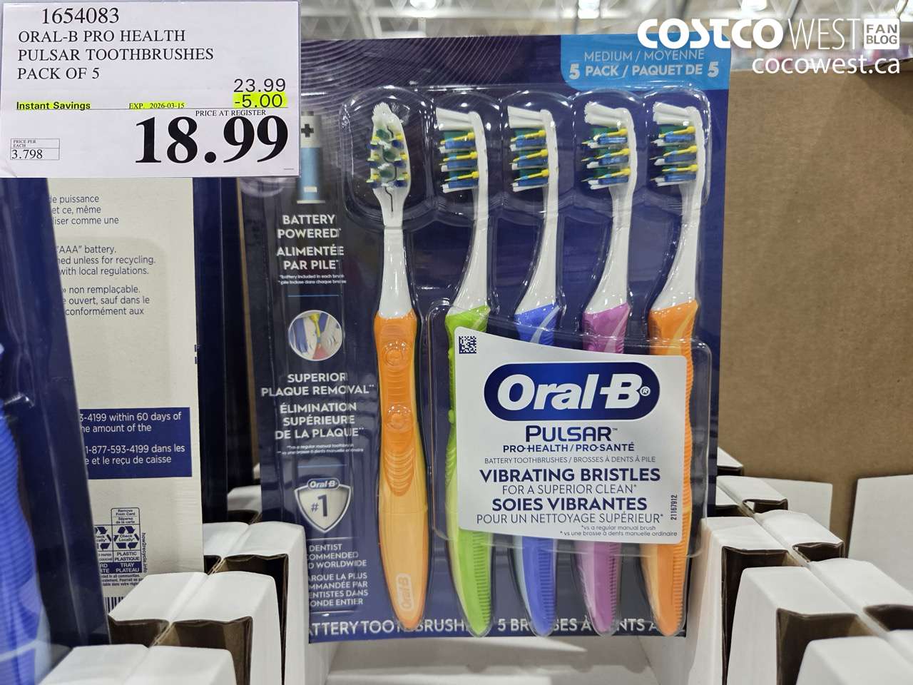 1654083 ORAL-B PRO HEALTH PULSAR TOOTHBRUSHES PACK OF 5 ($5.00 INSTANT SAVINGS EXPIRES ON 2026-03-15) $18.99