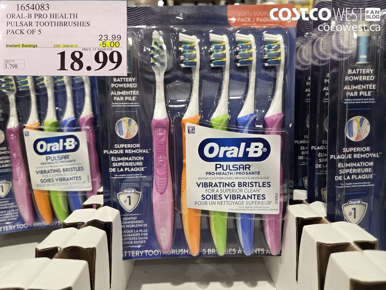 1654083 ORAL-B PRO HEALTH PULSAR TOOTHBRUSHES PACK OF 5 ($5.00 INSTANT SAVINGS EXPIRES ON 2026-03-15) $18.99