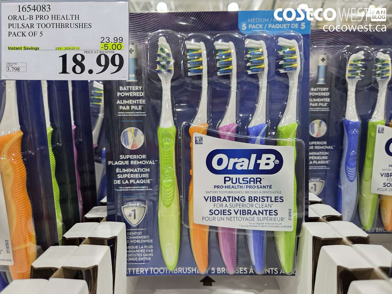 1654083 ORAL-B PRO HEALTH PULSAR TOOTHBRUSHES PACK OF 5 ($5.00 INSTANT SAVINGS EXPIRES ON 2026-03-15) $18.99