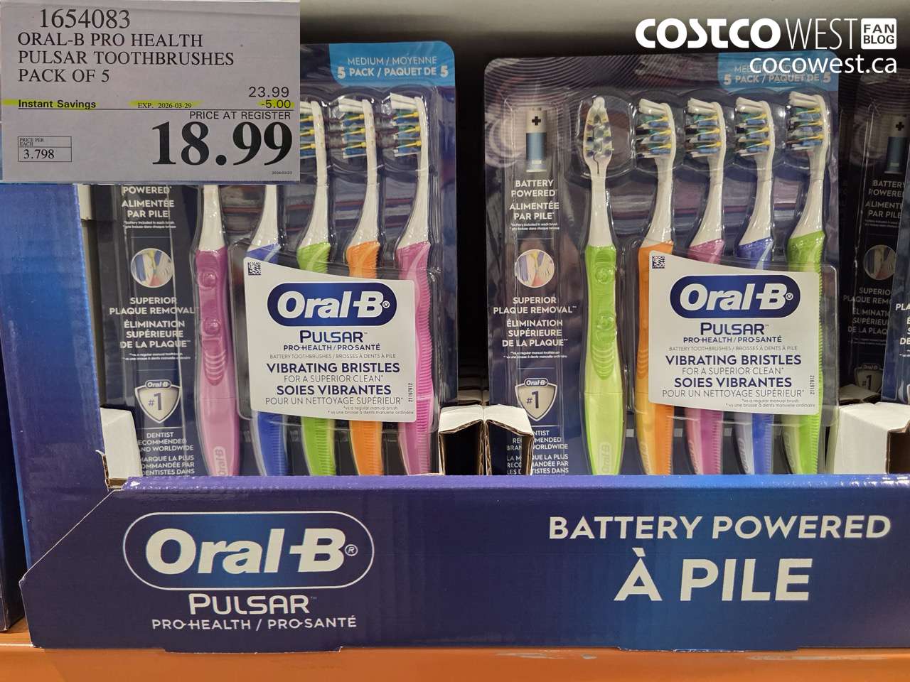 1654083 ORAL-B PRO HEALTH PULSAR TOOTHBRUSHES PACK OF 5 ($5.00 INSTANT SAVINGS EXPIRES ON 2026-03-29) $18.99