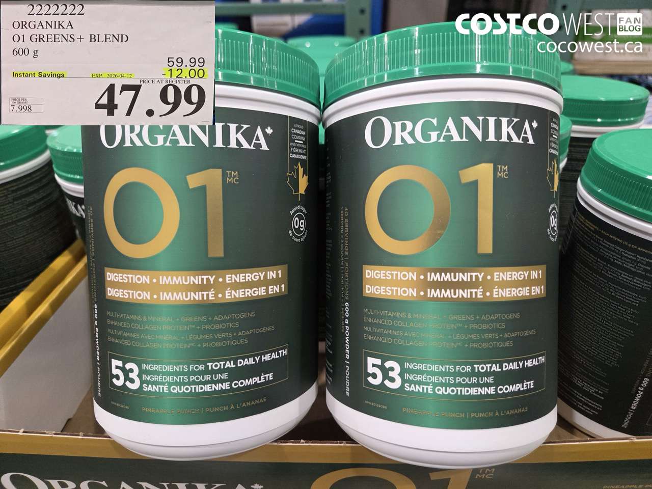 2222222 ORGANIKA 01 GREENS+ BLEND 600 G ($12.00 INSTANT SAVINGS EXPIRES ON 2026-04-12) $47.99