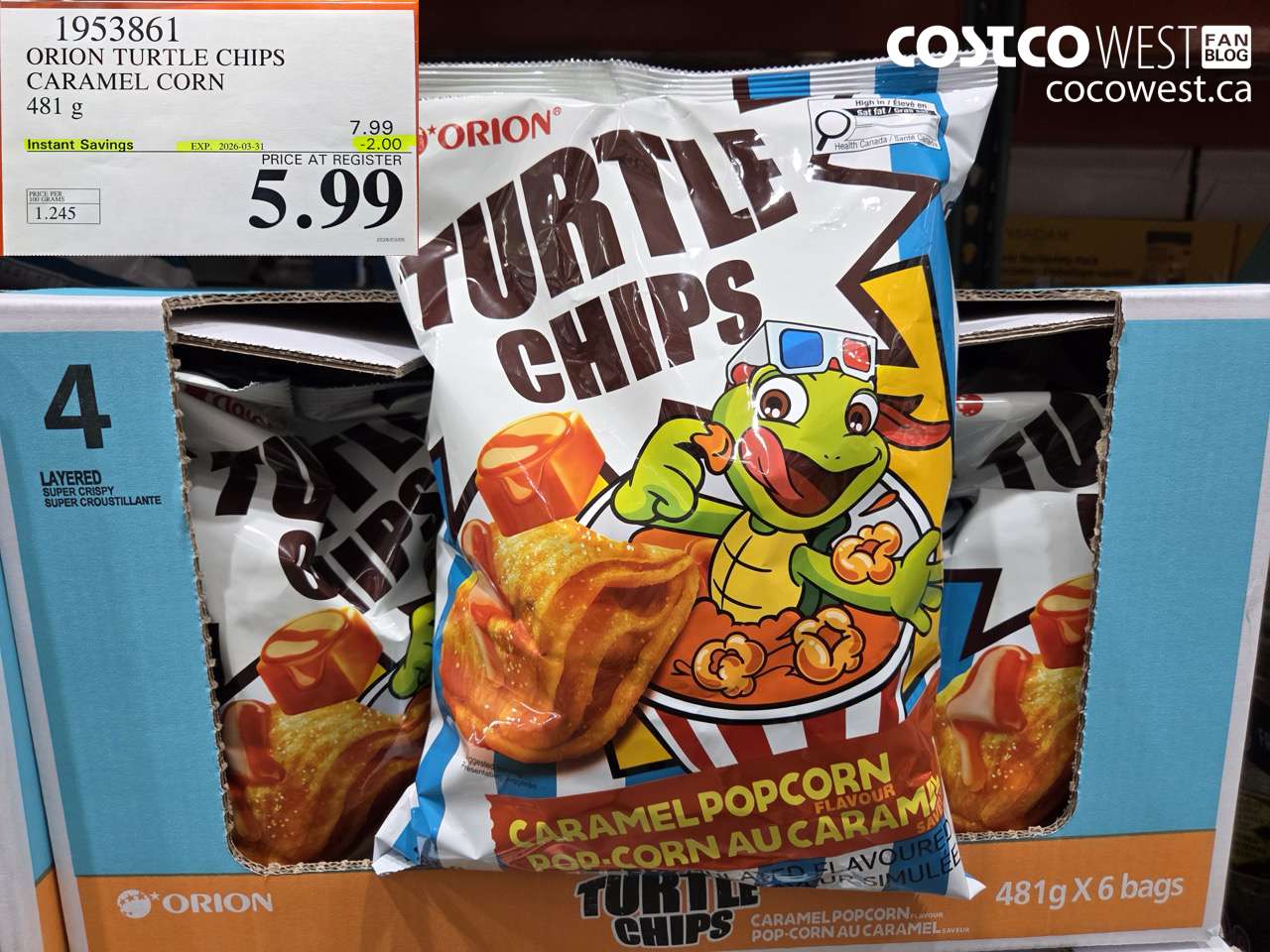1953861 ORION TURTLE CHIPS CARAMEL CORN 481 G ($2.00 INSTANT SAVINGS EXPIRES ON 2026-03-31) $5.99