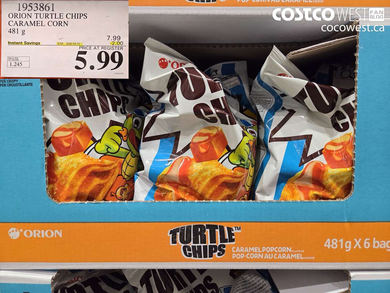 1953861 ORION TURTLE CHIPS CARAMEL CORN 481 G ($2.00 INSTANT SAVINGS EXPIRES ON 2026-03-31) $5.99