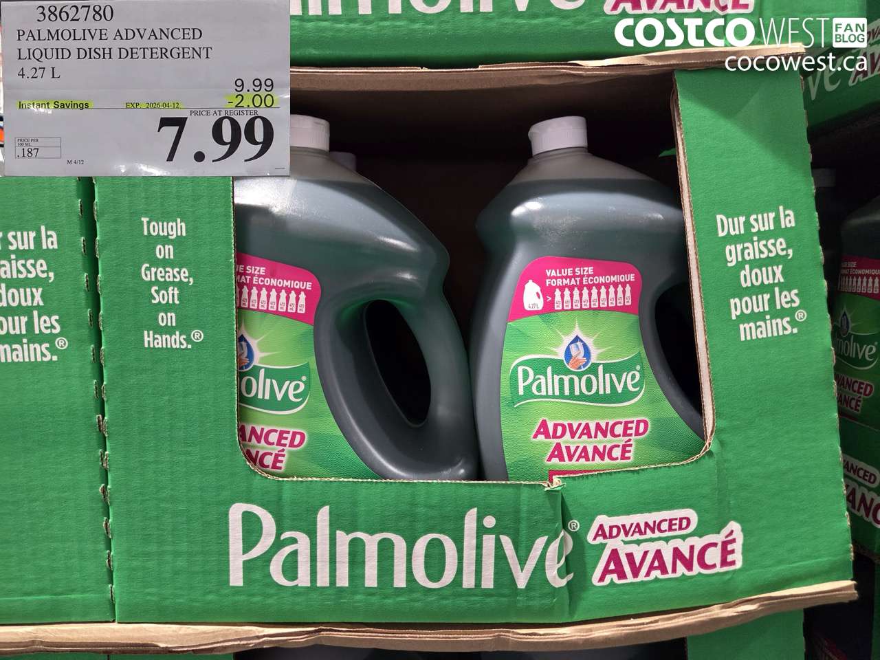 3862780 PALMOLIVE ADVANCED LIQUID DISH DETERGENT 4.27L ($2.00 INSTANT SAVINGS EXPIRES ON 2026-04-12) $7.99
