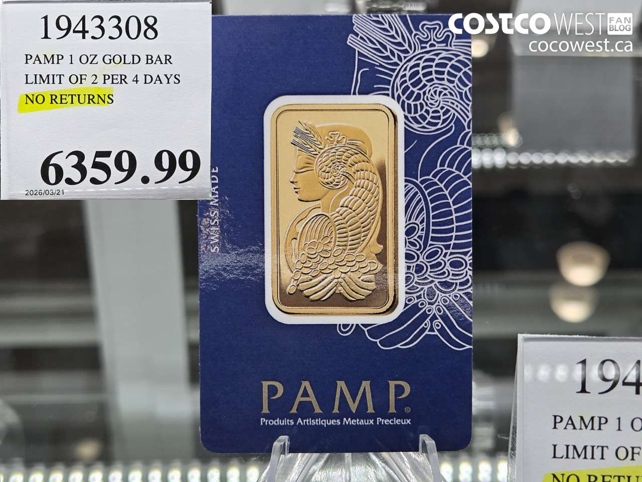 1943308 PAMP 1 OZ GOLD BAR LIMIT OF 2 PER 4 DAYS NO RETURNS $6359.99