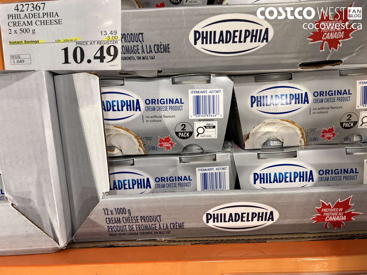 427367 PHILADELPHIA CREAM CHEESE 2 X 500 G ($3.00 INSTANT SAVINGS EXPIRES ON 2026-04-12) $10.49