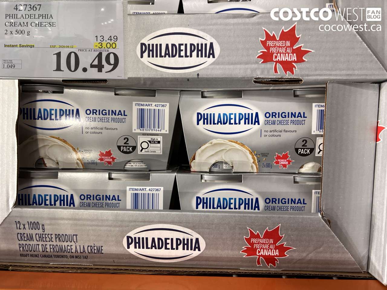 427367 PHILADELPHIA CREAM CHEESE 2 X 500 G ($3.00 INSTANT SAVINGS EXPIRES ON 2026-04-12) $10.49