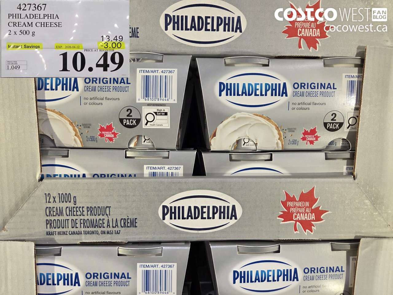 427367 PHILADELPHIA CREAM CHEESE 2 X 500 G ($3.00 INSTANT SAVINGS EXPIRES ON 2026-04-12) $10.49