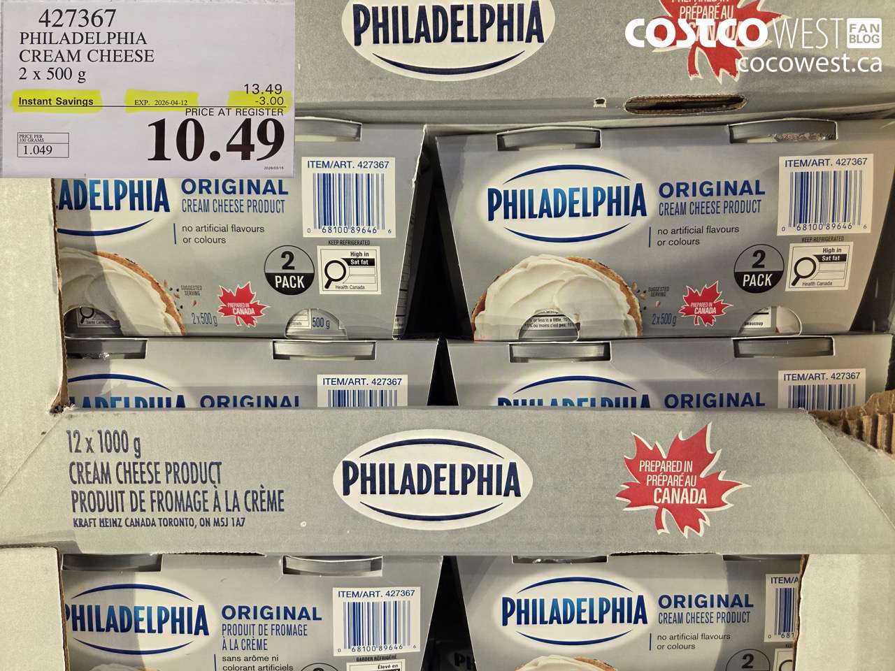 427367 PHILADELPHIA CREAM CHEESE 2 X 500 G ($3.00 INSTANT SAVINGS EXPIRES ON 2026-04-12) $10.49