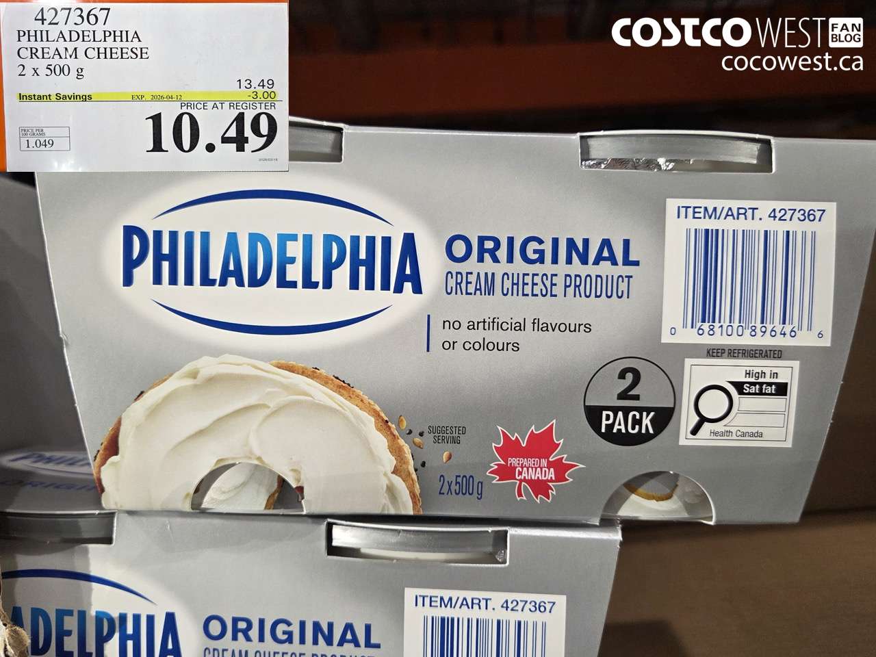 427367 PHILADELPHIA CREAM CHEESE 2 X 500 G ($3.00 INSTANT SAVINGS EXPIRES ON 2026-04-12) $10.49