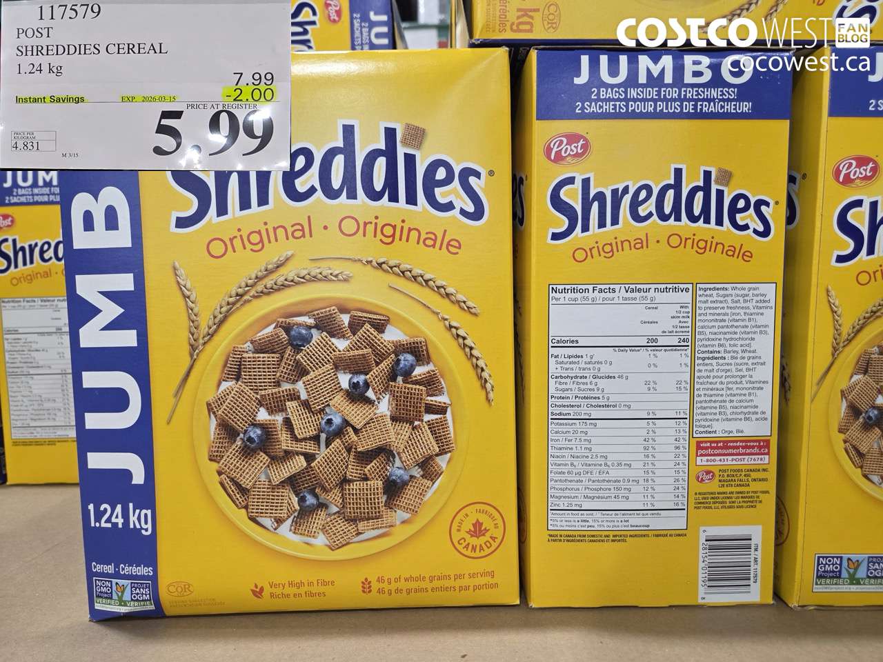 117579 POST SHREDDIES CEREAL 1.24KG ($2.00 INSTANT SAVINGS EXPIRES ON 2026-03-15) $5.99