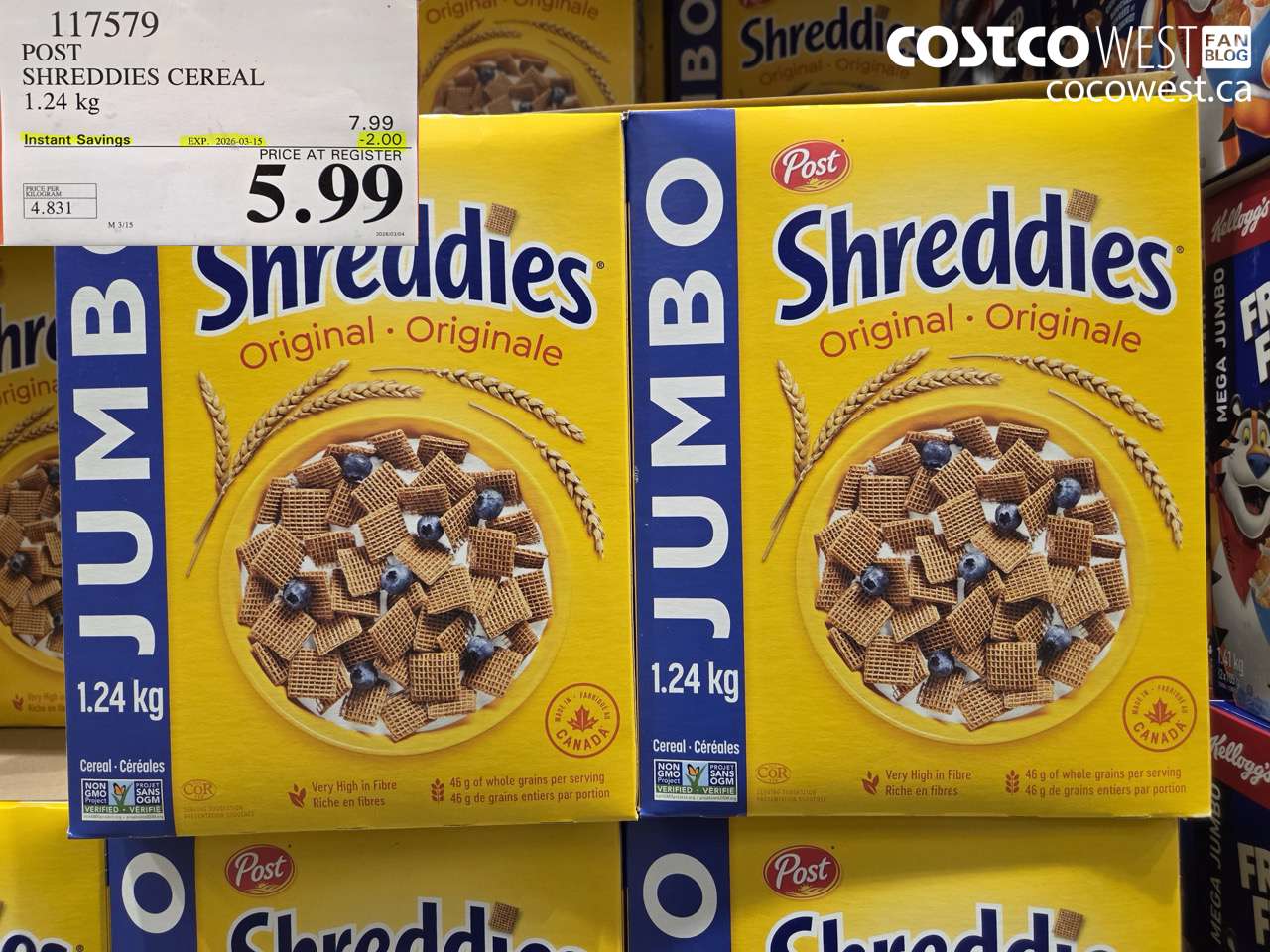 117579 POST SHREDDIES CEREAL 1.24 KG ($2.00 INSTANT SAVINGS EXPIRES ON 2026-03-15) $5.99