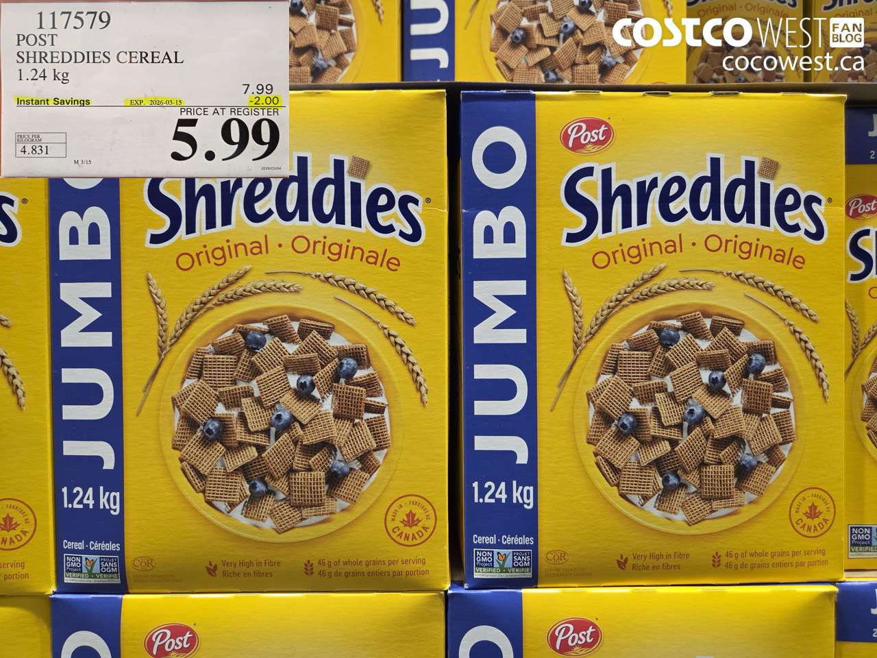 117579 POST SHREDDIES CEREAL 1.24 KG ($2.00 INSTANT SAVINGS EXPIRES ON 2026-03-15) $5.99