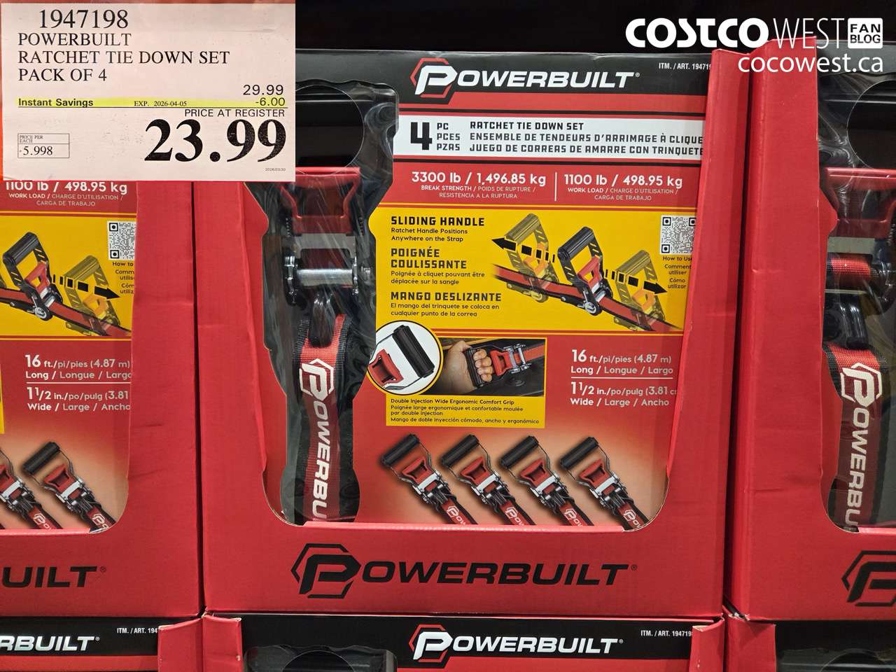 1947198 POWERBUILT RATCHET TIE DOWN SET PACK OF 4 ($6.00 INSTANT SAVINGS EXPIRES ON 2026-04-05) $23.99