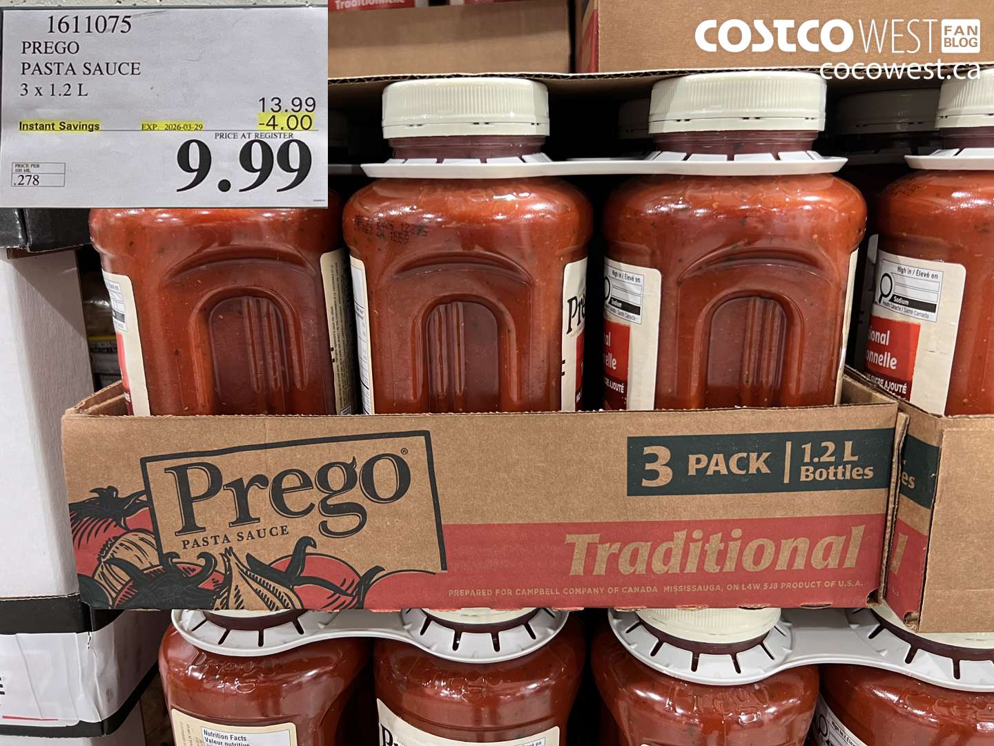 1611075 PREGO PASTA SAUCE 3 X 1.2 L ($4.00 INSTANT SAVINGS EXPIRES ON 2026-03-29) $9.99