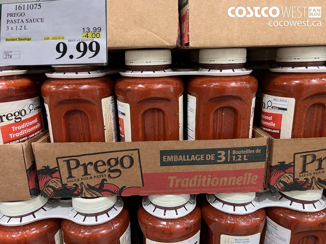 1611075 PREGO PASTA SAUCE 3 X 1.2 L ($4.00 INSTANT SAVINGS EXPIRES ON 2026-03-29) $9.99