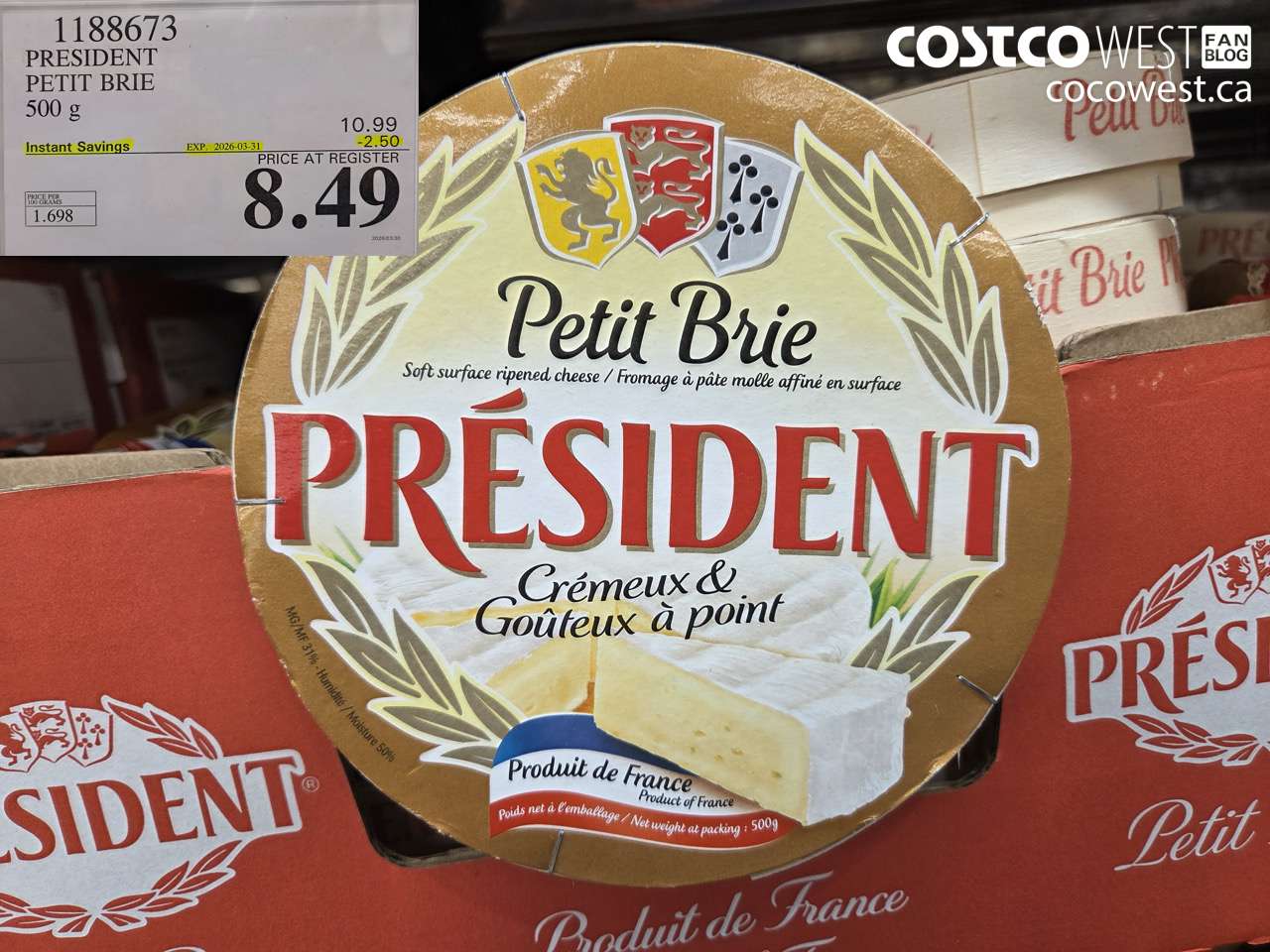 1188673 PRESIDENT PETIT BRIE 500 G ($2.50 INSTANT SAVINGS EXPIRES ON 2026-03-31) $8.49