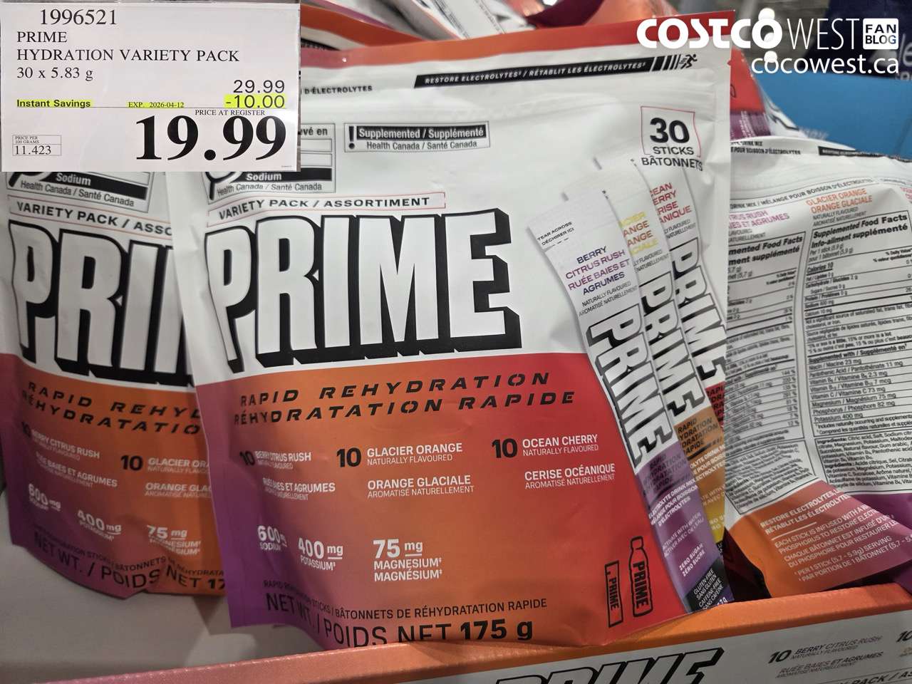 1996521 PRIME HYDRATION VARIETY PACK 30 X 5.83 G ($10.00 INSTANT SAVINGS EXPIRES ON 2026-04-12) $19.99