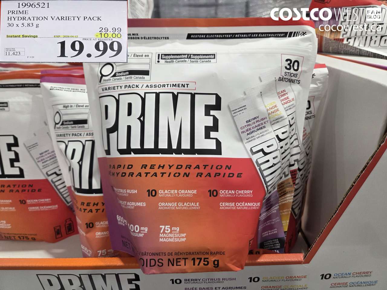 1996521 PRIME HYDRATION VARIETY PACK 30 X 5.83 G ($10.00 INSTANT SAVINGS EXPIRES ON 2026-04-12) $19.99