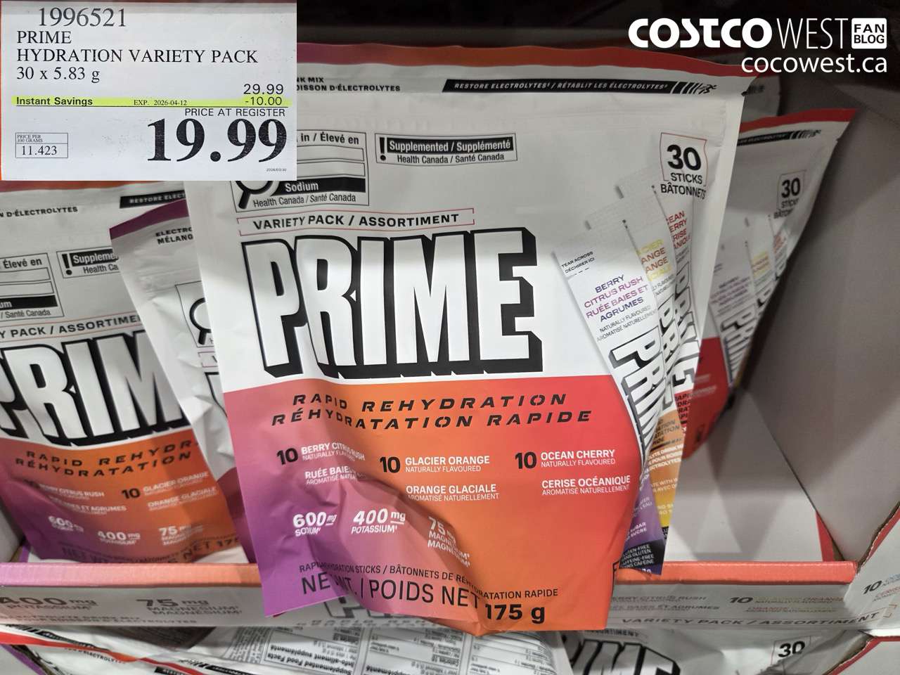 1996521 PRIME HYDRATION VARIETY PACK 30 X 5.83 G ($10.00 INSTANT SAVINGS EXPIRES ON 2026-04-12) $19.99