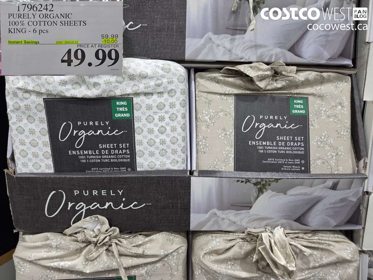 1796242 PURELY ORGANIC 100% COTTON SHEETS KING - 6 PCS ($10.00 INSTANT SAVINGS EXPIRES ON 2026-03-15) $49.99