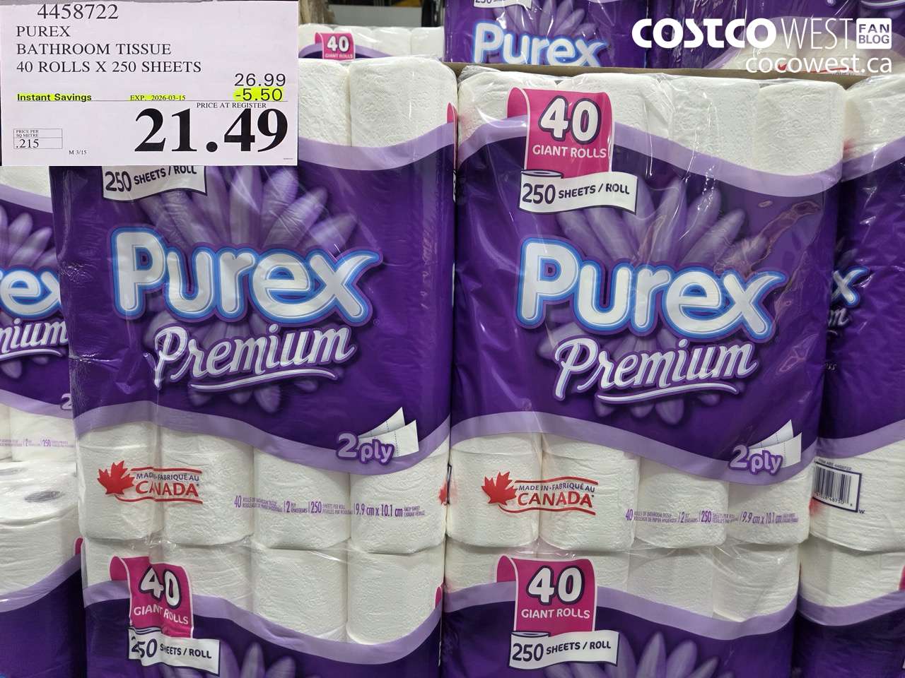 4458722 PUREX BATHROOM TISSUE 40 ROLLS X 250 SHEETS ($5.50 INSTANT SAVINGS EXPIRES ON 2026-03-15) $21.49