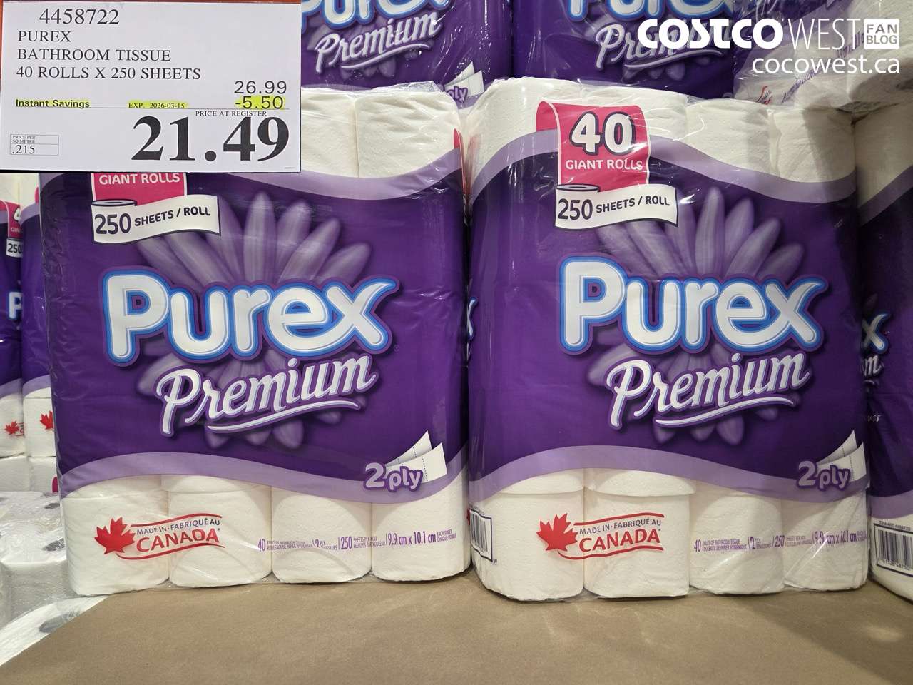 4458722 PUREX BATHROOM TISSUE 40 ROLLS X 250 SHEETS ($5.50 INSTANT SAVINGS EXPIRES ON 2026-03-15) $21.49