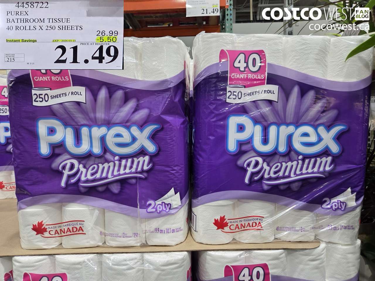 4458722 PUREX BATHROOM TISSUE 40 ROLLS X 250 SHEETS ($5.50 INSTANT SAVINGS EXPIRES ON 2026-03-15) $21.49
