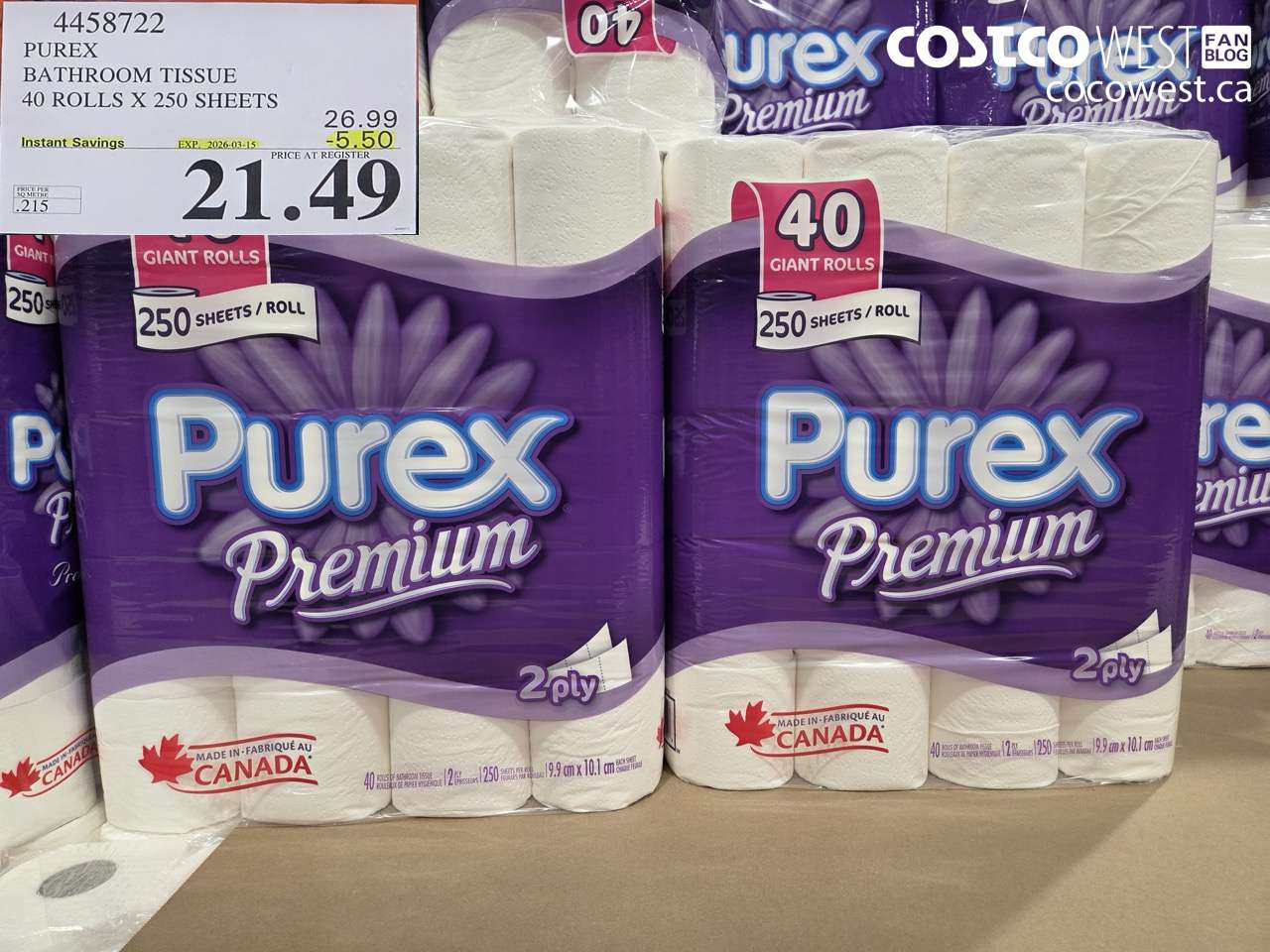 4458722 PUREX BATHROOM TISSUE 40 ROLLS X 250 SHEETS ($5.50 INSTANT SAVINGS EXPIRES ON 2026-03-15) $21.49