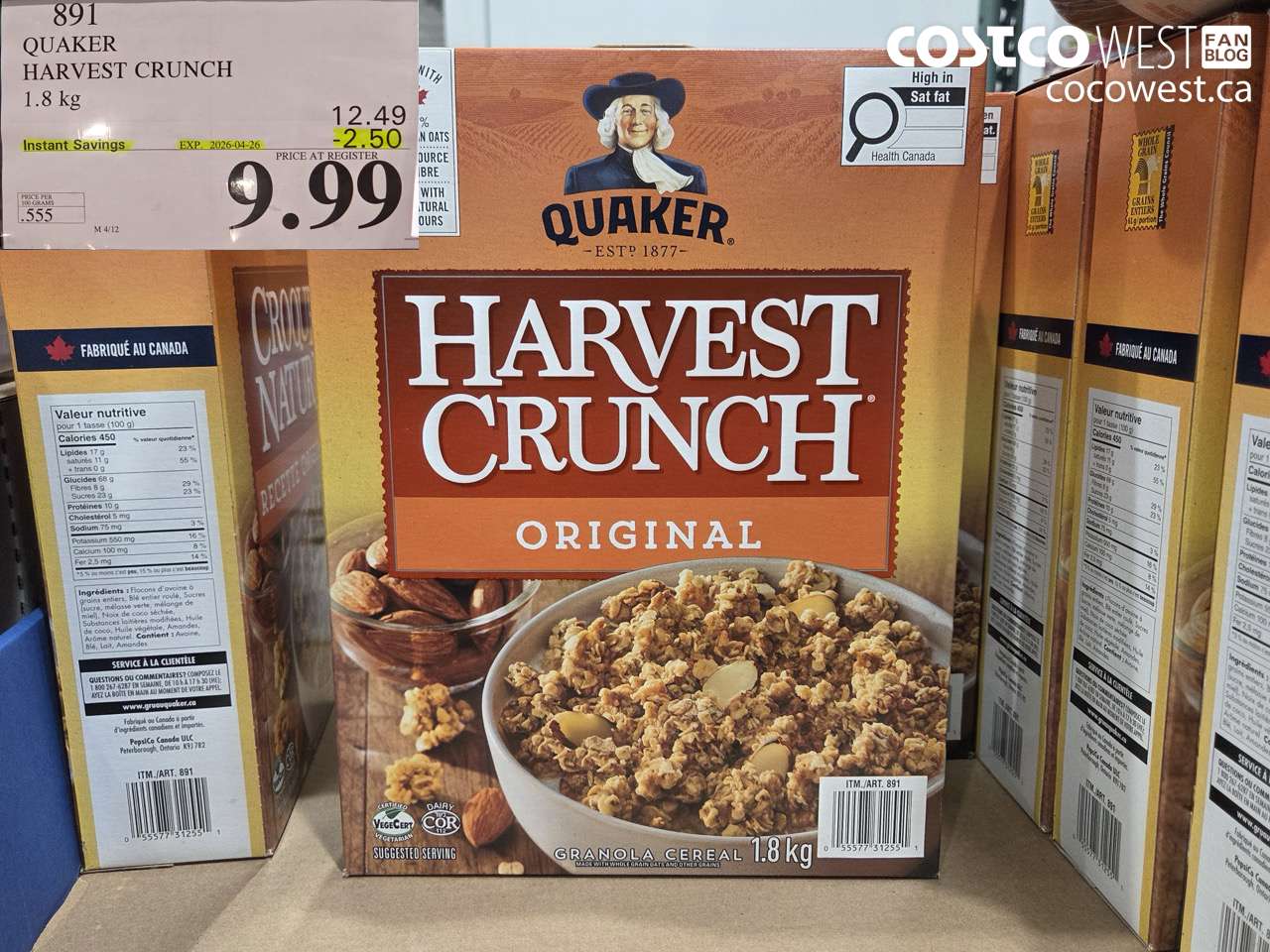 891 QUAKER HARVEST CRUNCH 1.8 KG ($2.50 INSTANT SAVINGS EXPIRES ON 2026-04-26) $9.99