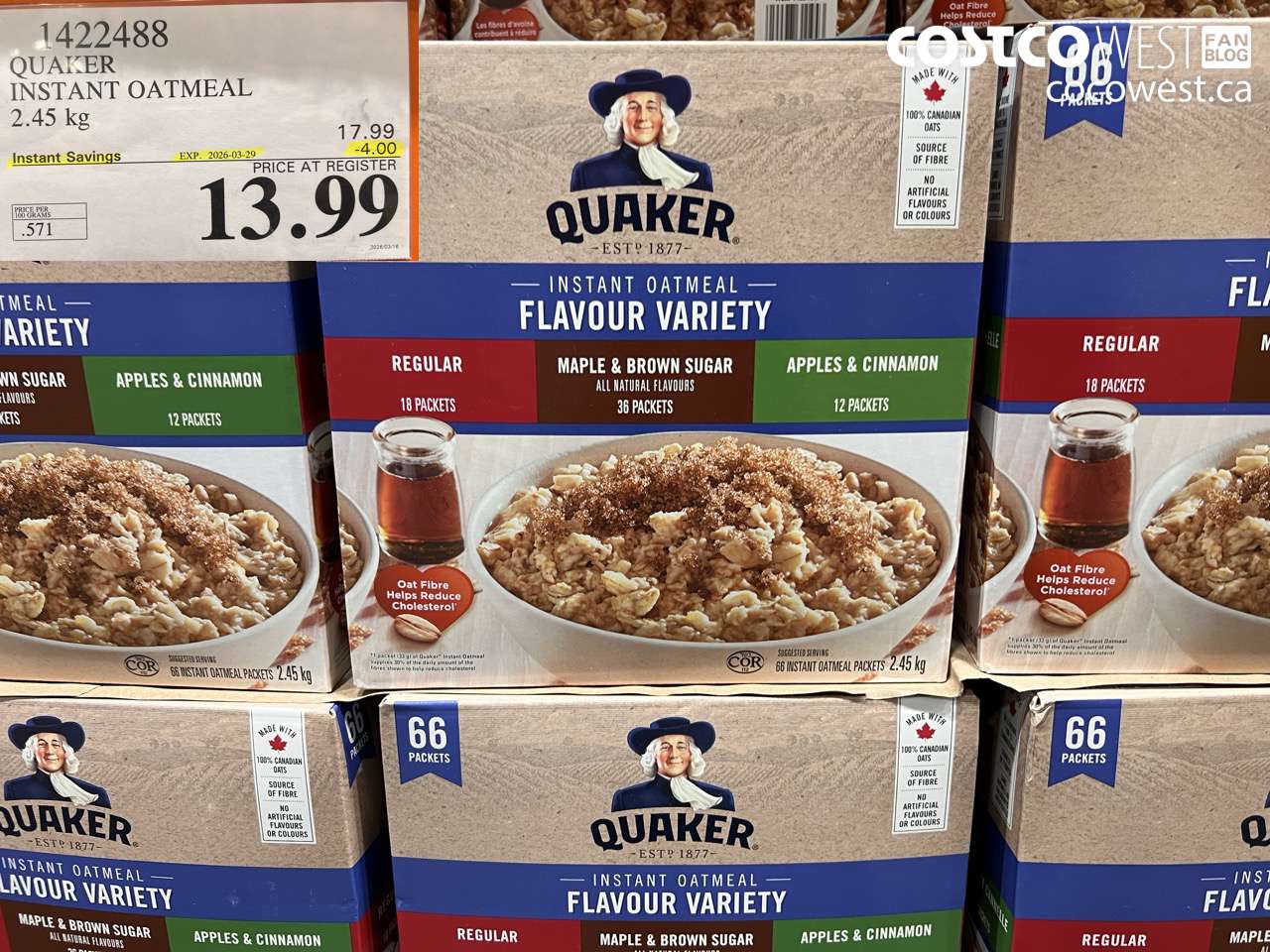 1422488 QUAKER INSTANT OATMEAL 2.45 KG ($4.00 INSTANT SAVINGS EXPIRES ON 2026-03-29) $13.99