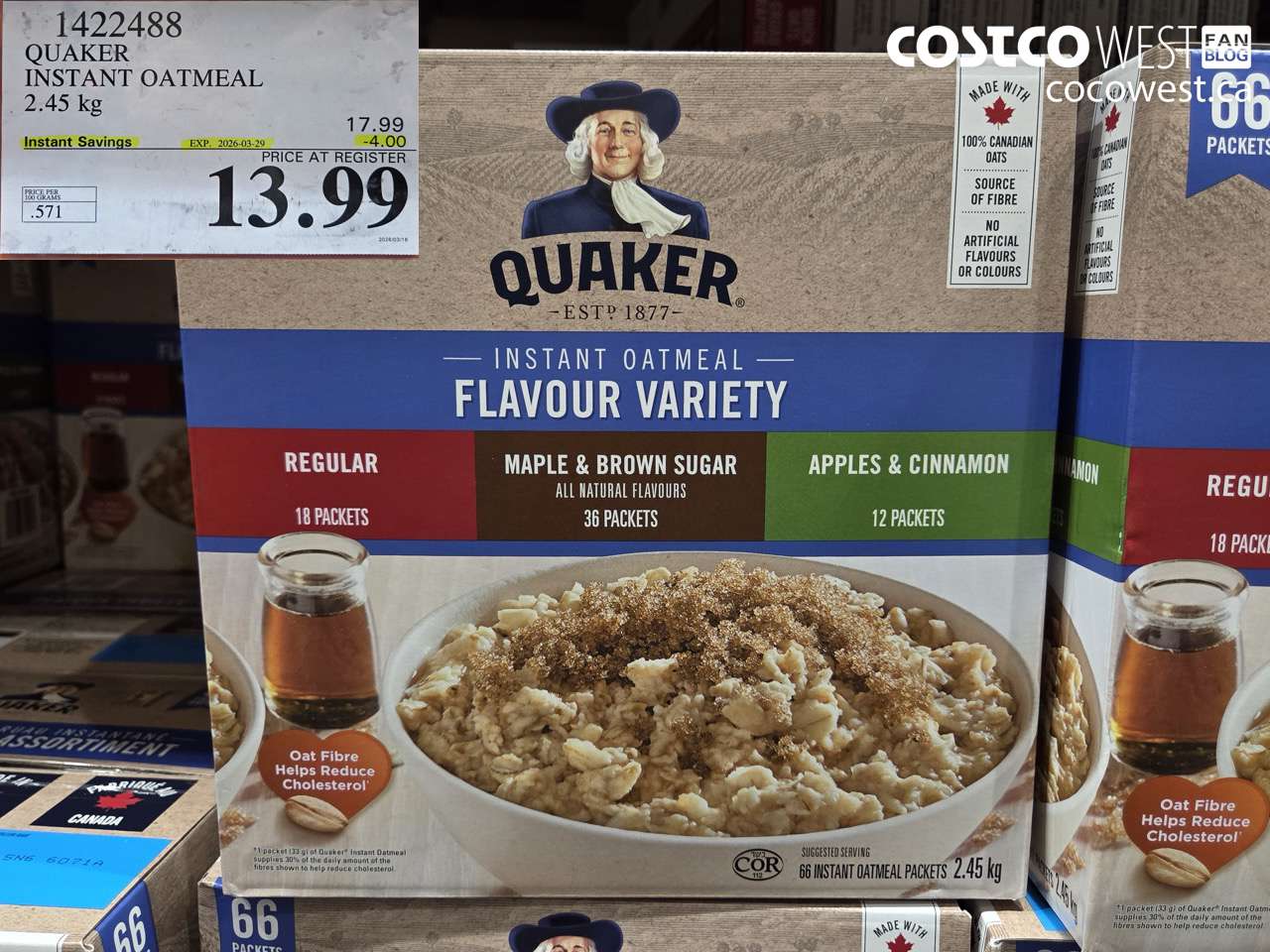 1422488 QUAKER INSTANT OATMEAL 2.45 KG ($4.00 INSTANT SAVINGS EXPIRES ON 2026-03-29) $13.99