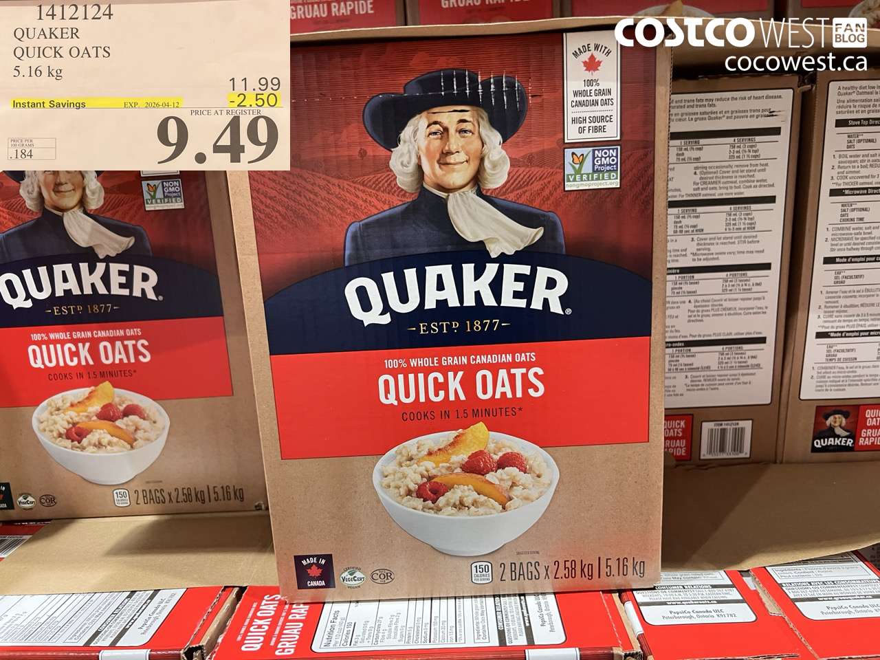 1412124 QUAKER QUICK OATS 5.16 KG ($2.50 INSTANT SAVINGS EXPIRES ON 2026-04-12) $9.49