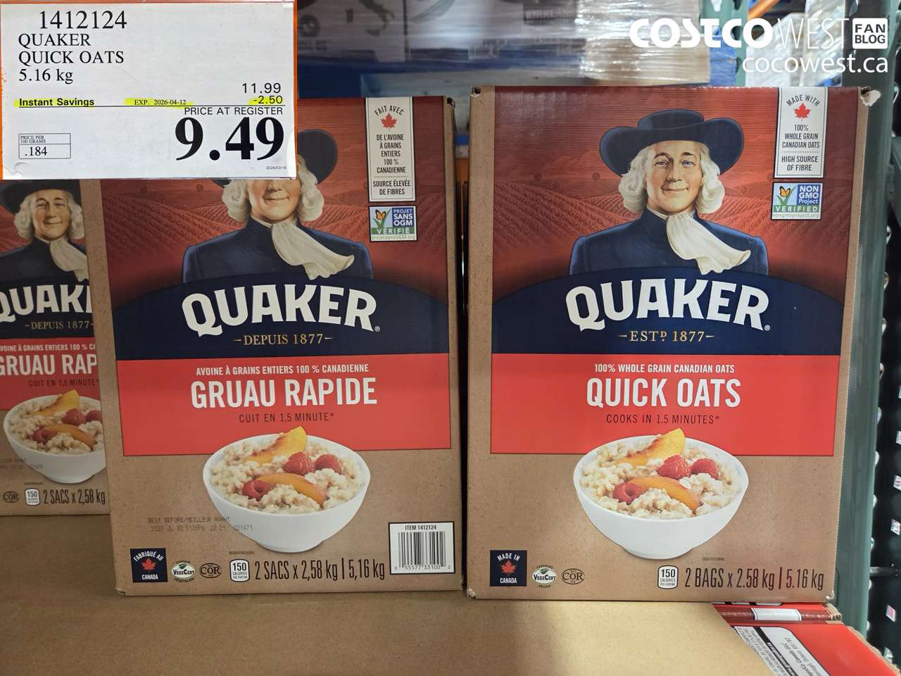1412124 QUAKER QUICK OATS 5.16 KG ($2.50 INSTANT SAVINGS EXPIRES ON 2026-04-12) $9.49