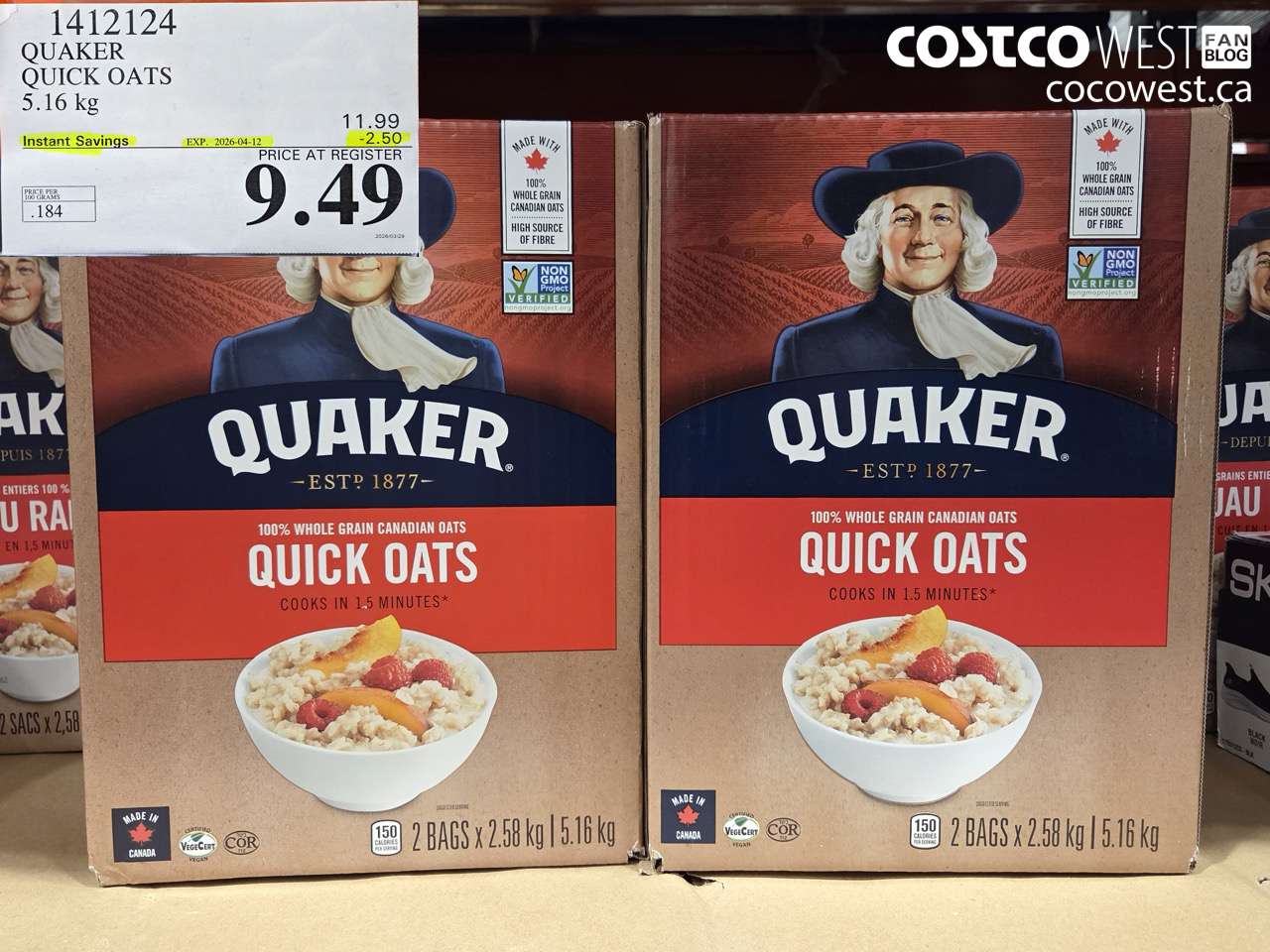 1412124 QUAKER QUICK OATS 5.16 KG ($2.50 INSTANT SAVINGS EXPIRES ON 2026-04-12) $9.49