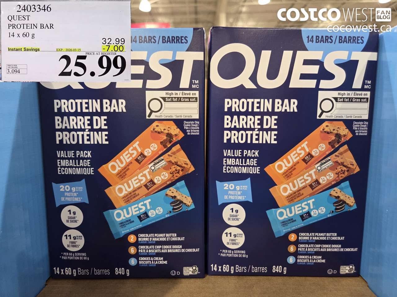 2403346 QUEST PROTEIN BAR 14 X 60 G ($7.00 INSTANT SAVINGS EXPIRES ON 2026-03-15) $25.99