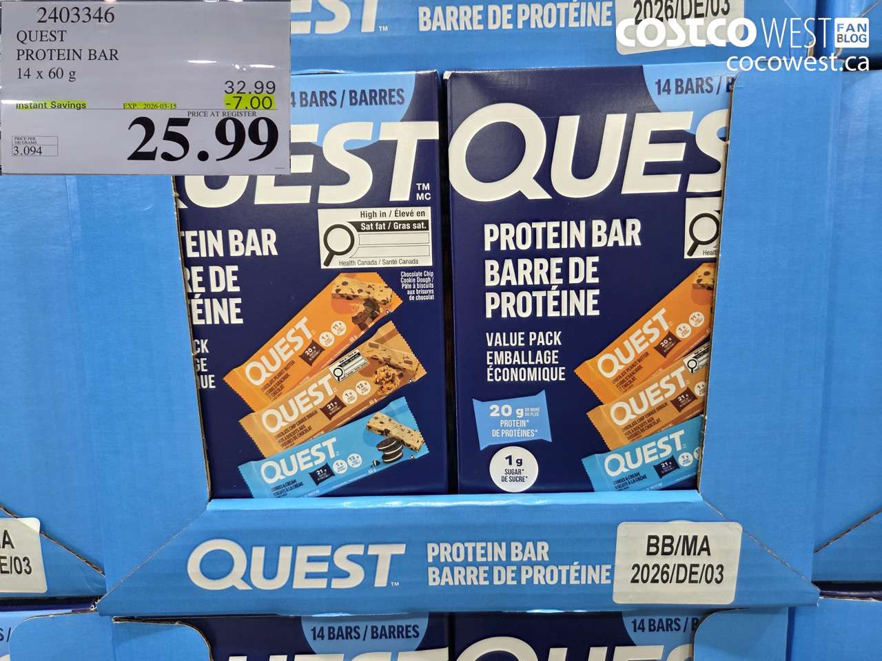 2403346 QUEST PROTEIN BAR 14 X 60 G ($7.00 INSTANT SAVINGS EXPIRES ON 2026-03-15) $25.99