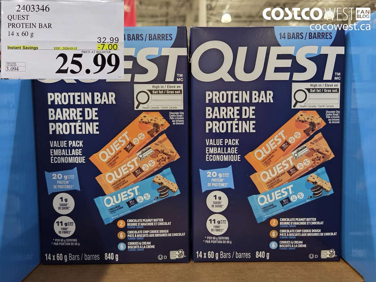 2403346 QUEST PROTEIN BAR 14 X 60 G ($7.00 INSTANT SAVINGS EXPIRES ON 2026-03-15) $25.99